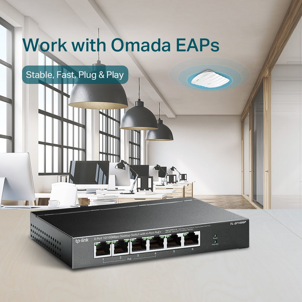 TP-Link TL-SF1006P 6-Port 10/100Mbps Desktop Switch with 4-Port PoE+ | Compact Fanless PoE Switch for CCTV, VoIP, and Small Networks