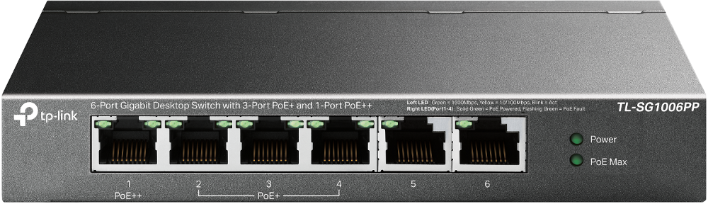 TP-Link TL-SG1006PP 6-Port Gigabit Desktop Switch with 1-Port PoE++ and 3-Port PoE+ | Silent Fanless Design, 64W PoE Budget, Plug & Play