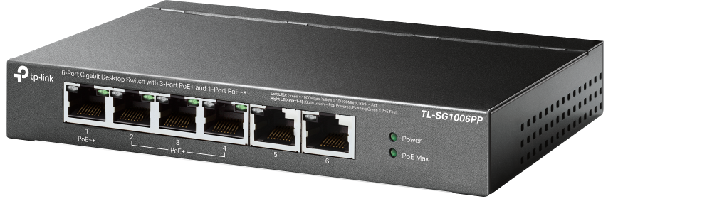 TP-Link TL-SG1006PP 6-Port Gigabit Desktop Switch with 1-Port PoE++ and 3-Port PoE+ | Silent Fanless Design, 64W PoE Budget, Plug & Play