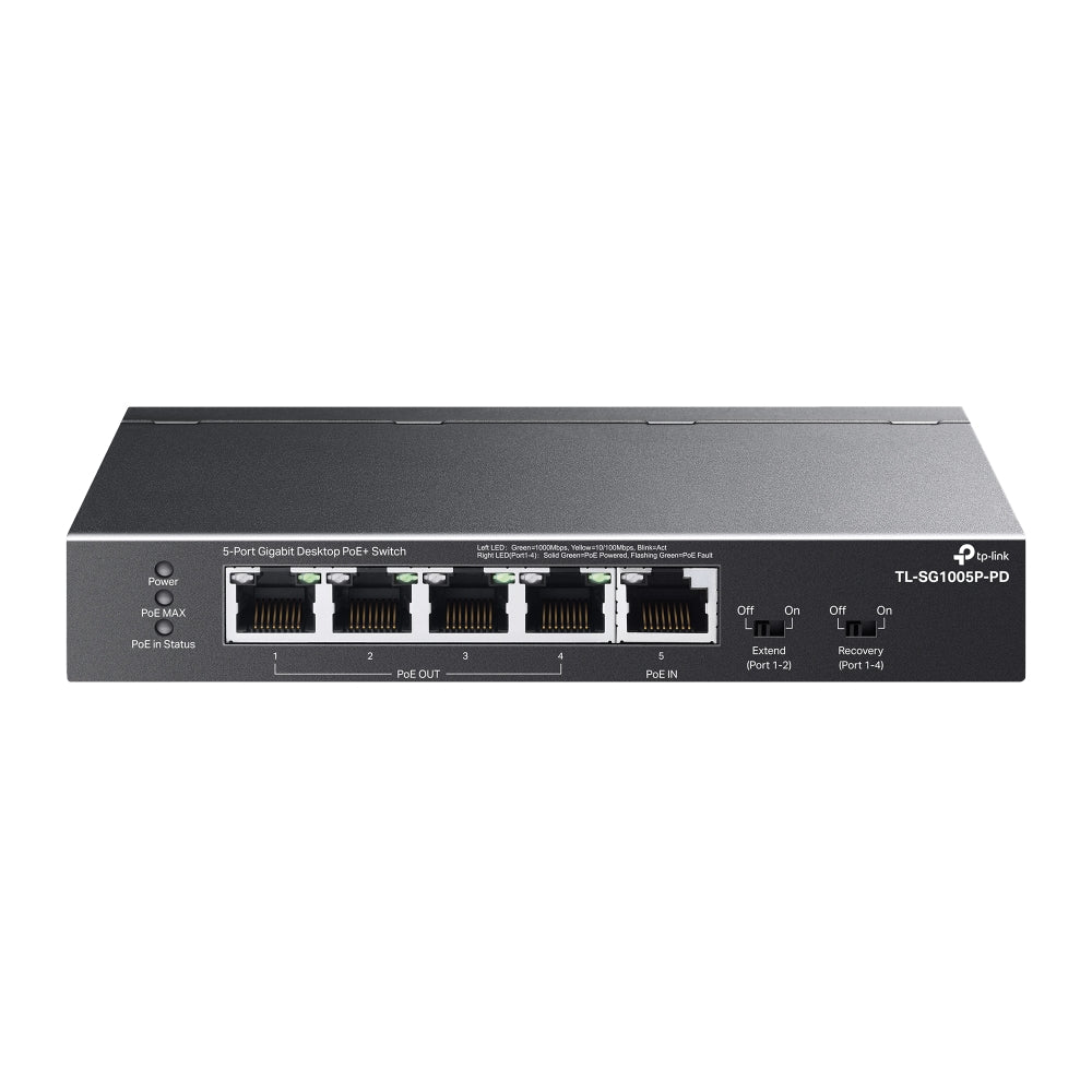 TP-Link TL-SG1005P-PD 5-Port Gigabit Desktop PoE+ Switch with 1-Port PoE++ In and 4-Port PoE+ Out | Fanless, Long-Range PoE, Plug & Play