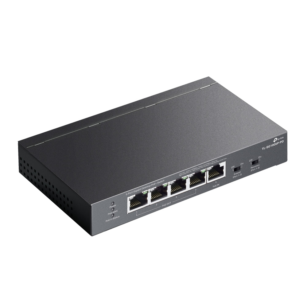 TP-Link TL-SG1005P-PD 5-Port Gigabit Desktop PoE+ Switch with 1-Port PoE++ In and 4-Port PoE+ Out | Fanless, Long-Range PoE, Plug & Play