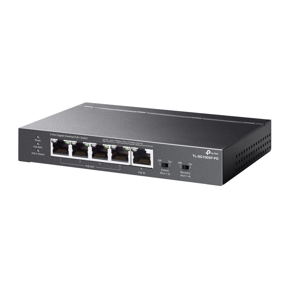 TP-Link TL-SG1005P-PD 5-Port Gigabit Desktop PoE+ Switch with 1-Port PoE++ In and 4-Port PoE+ Out | Fanless, Long-Range PoE, Plug & Play