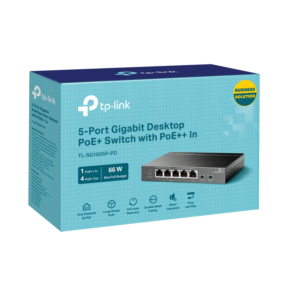 TP-Link TL-SG1005P-PD 5-Port Gigabit Desktop PoE+ Switch with 1-Port PoE++ In and 4-Port PoE+ Out | Fanless, Long-Range PoE, Plug & Play