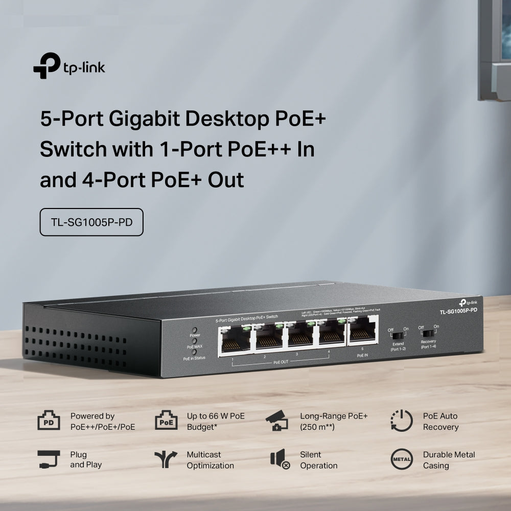 TP-Link TL-SG1005P-PD 5-Port Gigabit Desktop PoE+ Switch with 1-Port PoE++ In and 4-Port PoE+ Out | Fanless, Long-Range PoE, Plug & Play