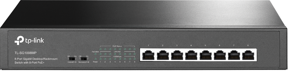 TP-Link TL-SG1008MP 8-Port Gigabit Desktop/Rackmount Switch with 8 PoE+ Ports, 153W Budget, Extend Mode, PoE Auto Recovery – Ideal for SMB, Surveillance, and Smart Home Networks