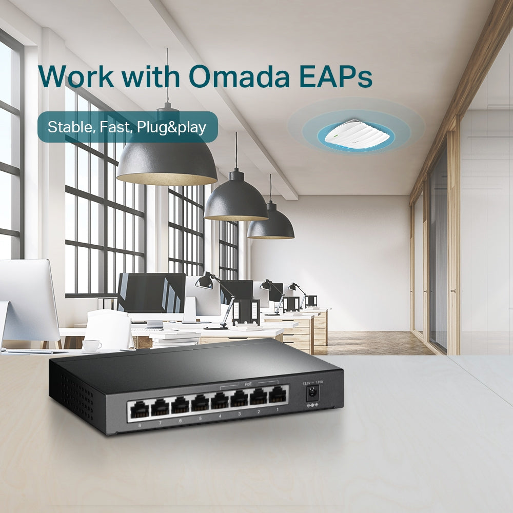 TP-Link TL-SG1008P 8-Port Gigabit Desktop Switch with 4-Port PoE | Fanless Silent Operation, 64W PoE Budget, Plug & Play