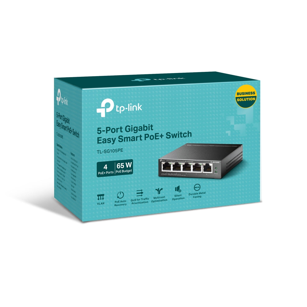 TP-Link TL-SG105PE 5-Port Gigabit Easy Smart Switch with 4-Port PoE+ | Silent Fanless Design, 65W PoE Budget, VLAN & Web Management