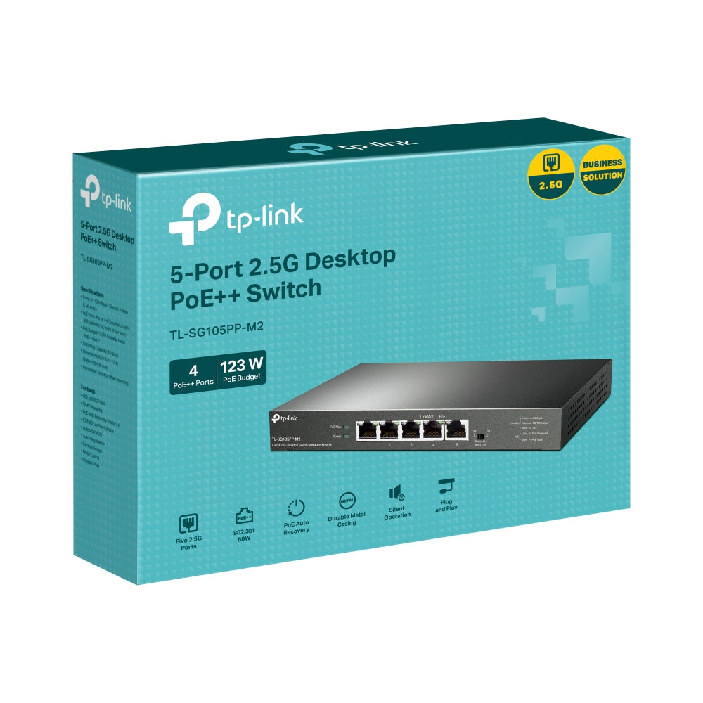 TP-Link TL-SG105PP-M2 5-Port 2.5G Desktop Switch with 4-Port PoE++ | Fanless, 2.5 Gigabit Speeds, 123W PoE Budget