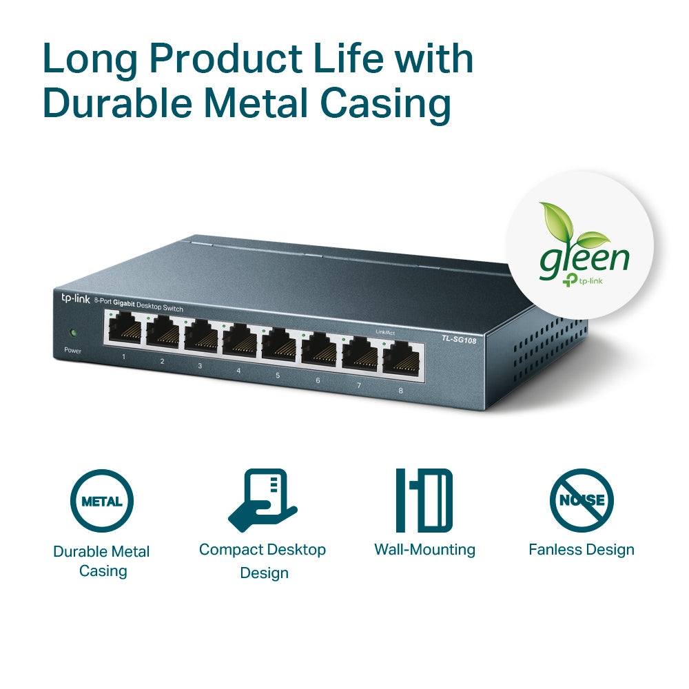 TP-Link TL-SG108 8-Port Gigabit Desktop Switch | Metal Housing | Plug & Play Network Expansion