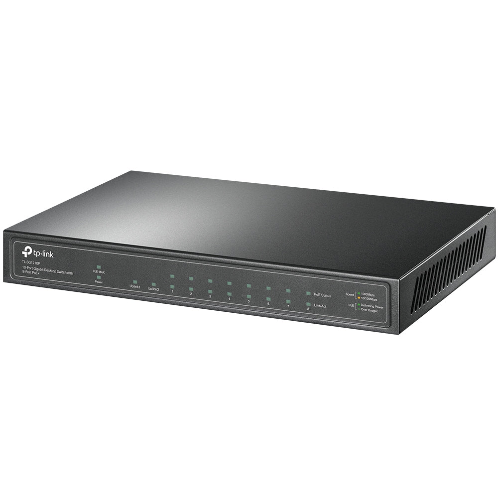 TP-Link TL-SG1210P 10-Port Gigabit Desktop Switch with 8 PoE+ Ports, 63W Budget, Gigabit SFP Slot, Fanless Silent Design – Ideal for SMB Networks, IP Surveillance, and IoT