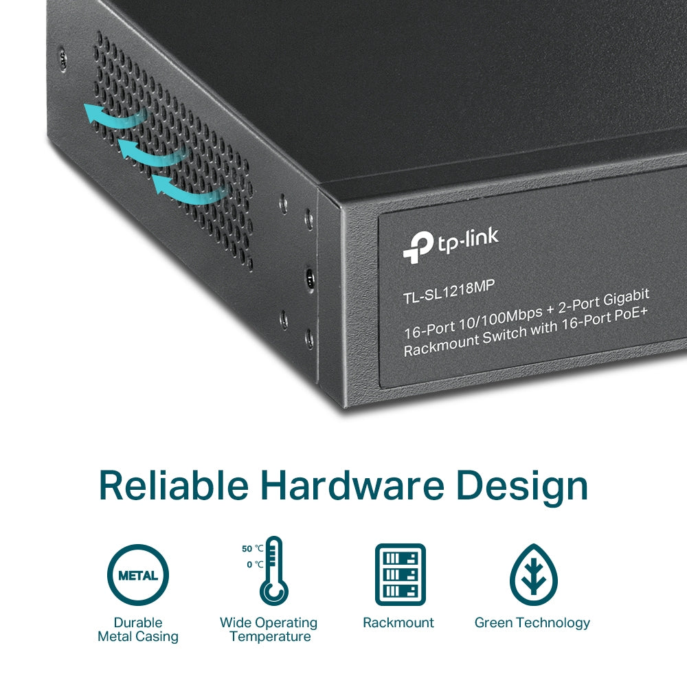 TP-Link TL-SL1218MP 16-Port 10/100 Mbps + 2-Port Gigabit PoE+ Rackmount Switch | High Power Budget, Long-Range PoE, Plug-and-Play Simplicity
