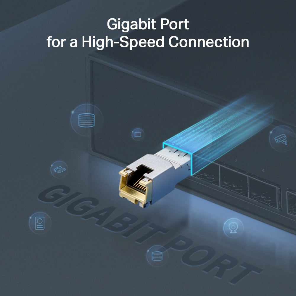 TP-Link Omada TL‑SM331T 1000BASE‑T RJ45 SFP Module – Gigabit, 100 m over Cat 5e, Hot‑Pluggable, Low‑Power, Metallic Enclosure