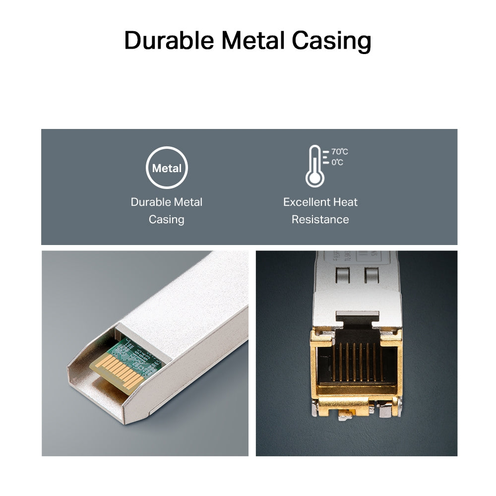 TP-Link Omada TL‑SM331T 1000BASE‑T RJ45 SFP Module – Gigabit, 100 m over Cat 5e, Hot‑Pluggable, Low‑Power, Metallic Enclosure