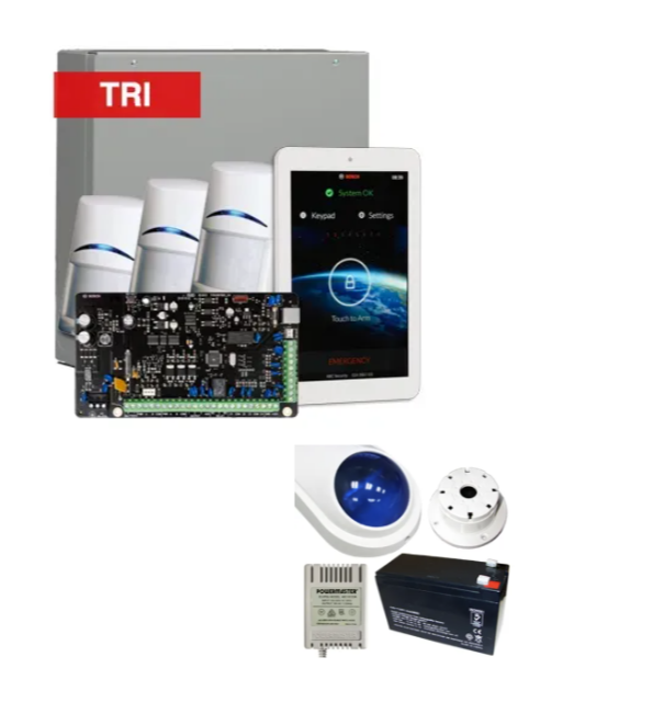 Bosch Solution 4000 Alarm Kit with ICP-SOL4-P Panel, IUI-SOL-TS7 7" Touchscreen Keypad, 3x ISC-BDL2-WP12G Tri-Tech Motion Detectors & Siren – K4000-3TRI-TS7