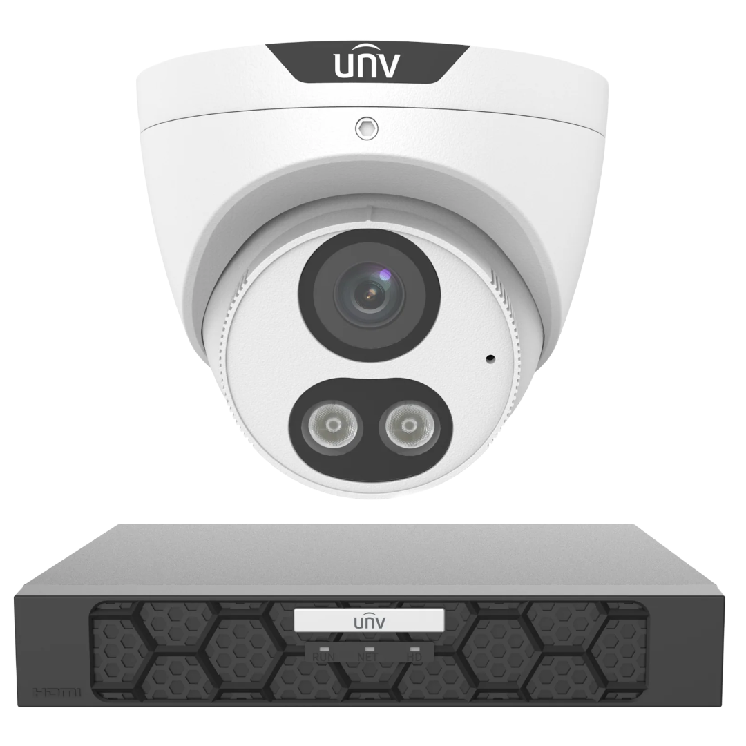 Uniview 6MP Smart Dual Light PoE CCTV security camera kit with one camera, NVR and accessories for home or business security.