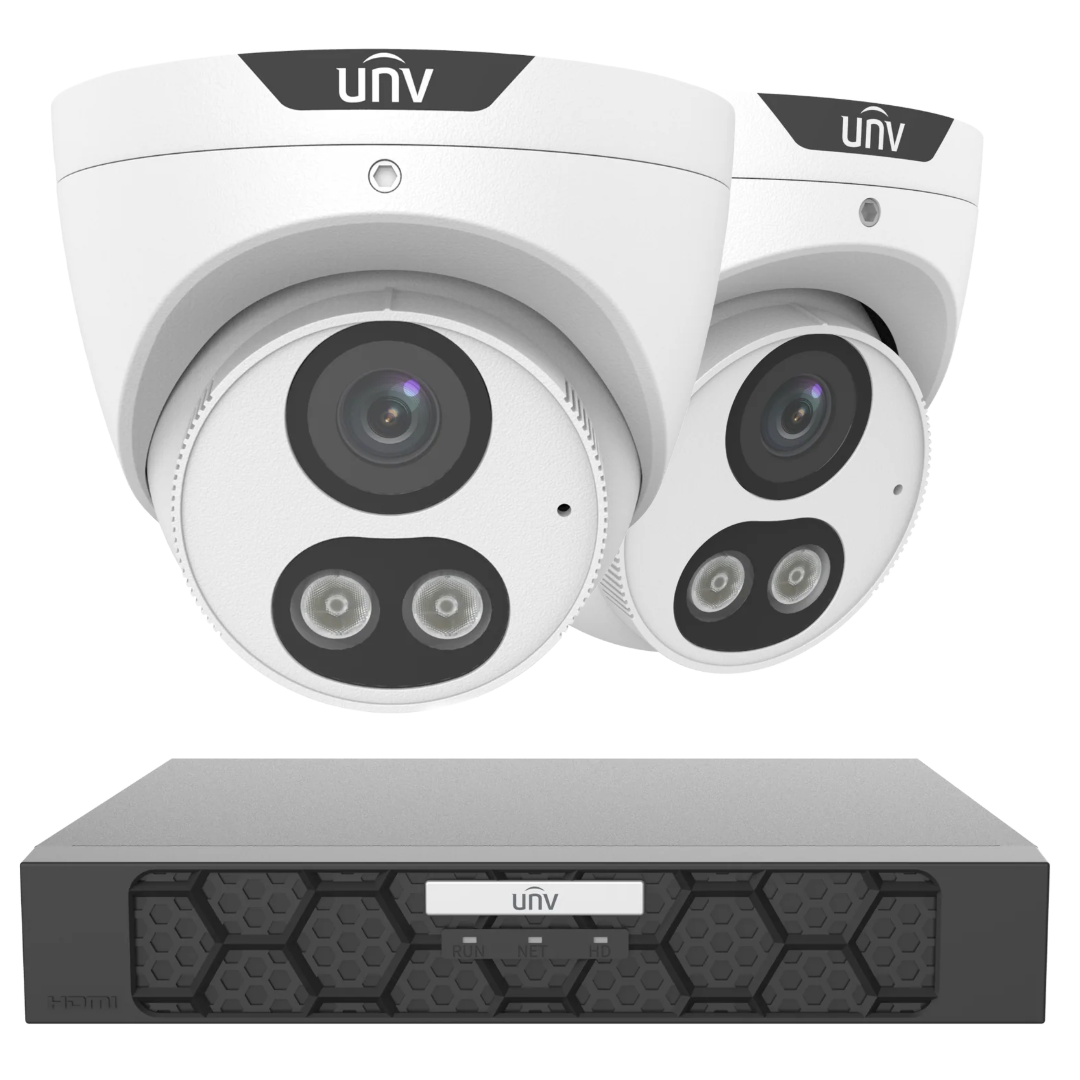 Uniview 6MP smart dual light PoE CCTV security camera kit with two cameras and NVR for home or business security.