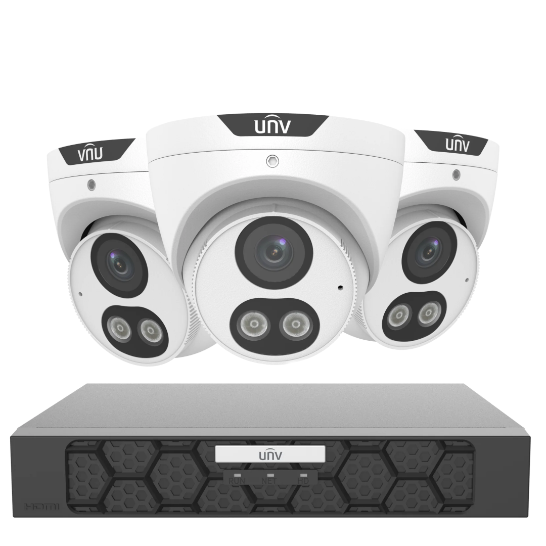 Uniview 6MP Smart Dual Light PoE CCTV security camera kit with three cameras and NVR for home or business security.