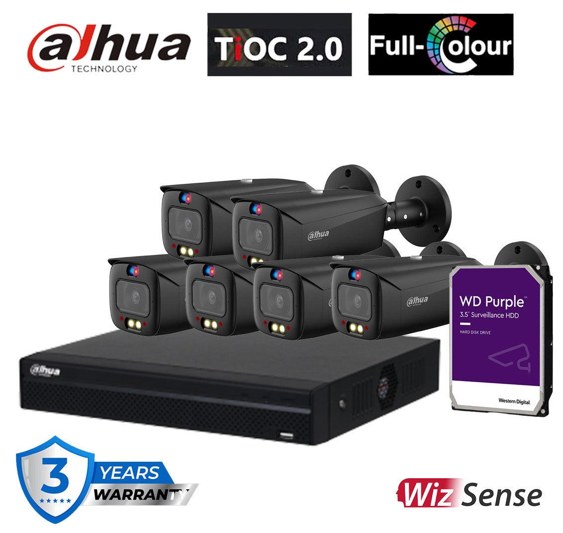 Dahua TiOC Security System 6x 6MP Bullet Cameras (Black), 8CH WizSense NVR + HDD