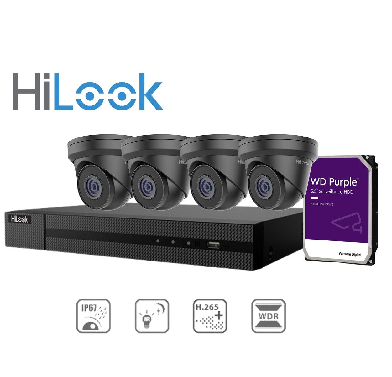 HiLook 4x 4MP 网络摄像机 IPC-T240H-MU（黑色）+ Hilook 4 通道 PoE NVR 4K + WD HDD 套件