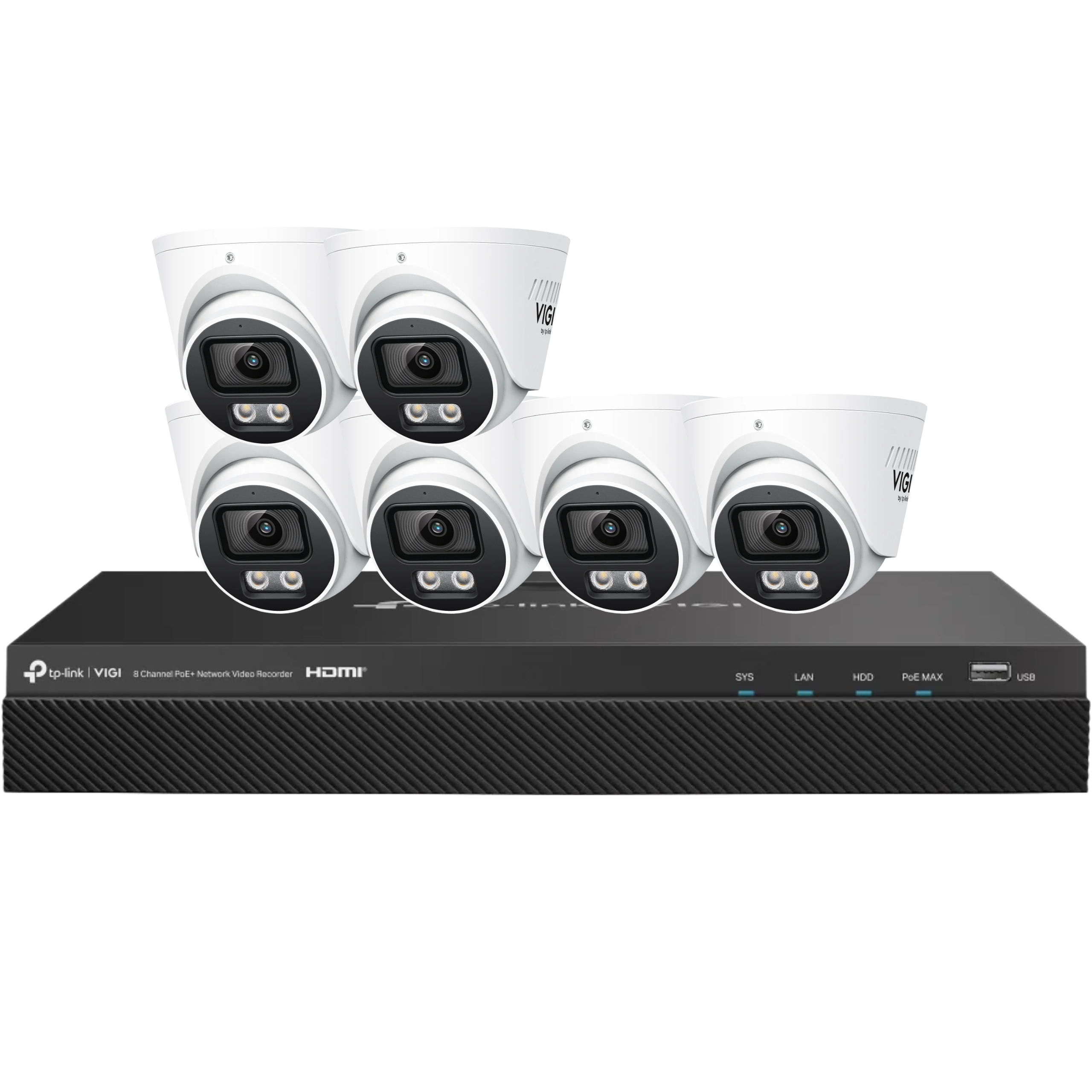 TP-Link VIGI InSight S445S 4MP ColourPro turret camera with 2.8mm lens connected to VIGI PoE network video recorder.