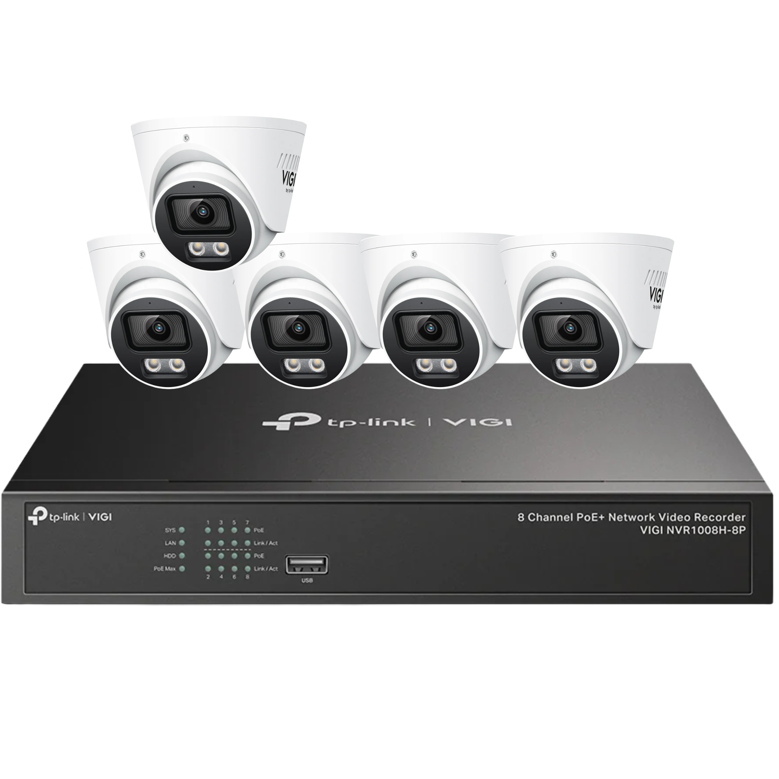 TP-Link VIGI InSight S445S 4MP ColourPro turret camera with 2.8mm lens and VIGI PoE network video recorder for surveillance.