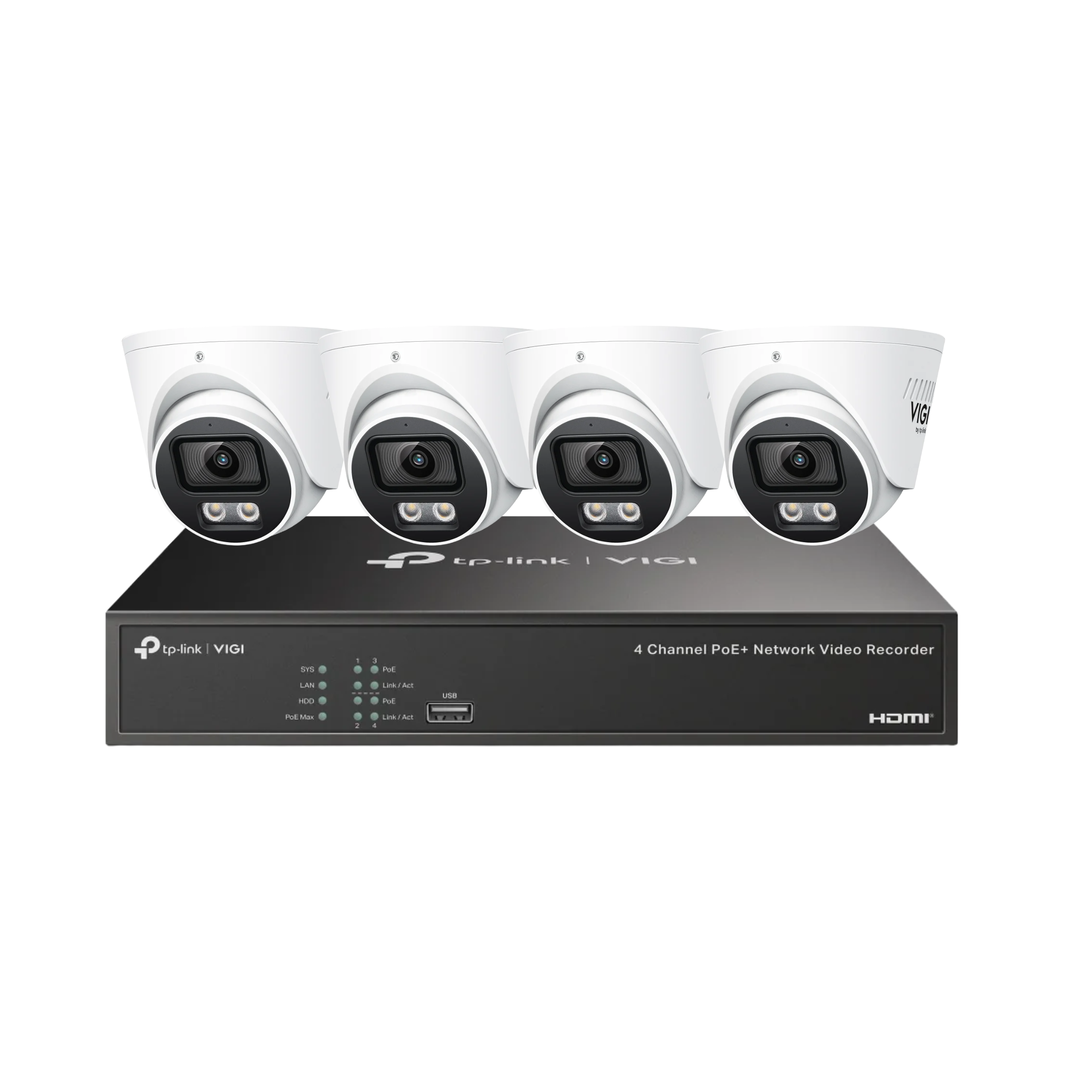 TP-Link VIGI InSight S445S 4MP ColorPro turret camera with 2.8mm lens, part of surveillance kit with VIGI PoE NVR for security.