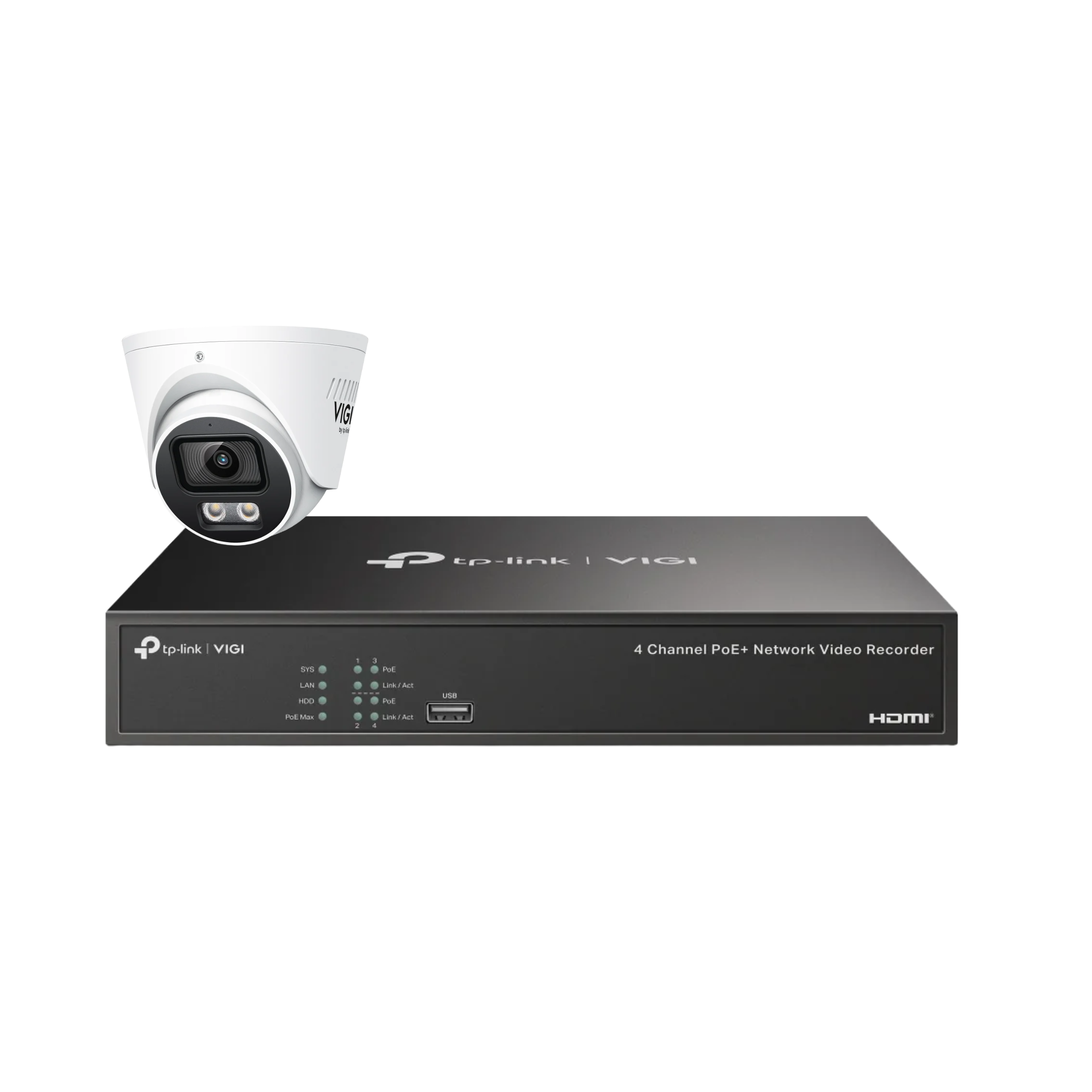 TP-Link VIGI InSight S445S 4MP ColourPro turret camera with 2.8mm lens and PoE network video recorder for surveillance.
