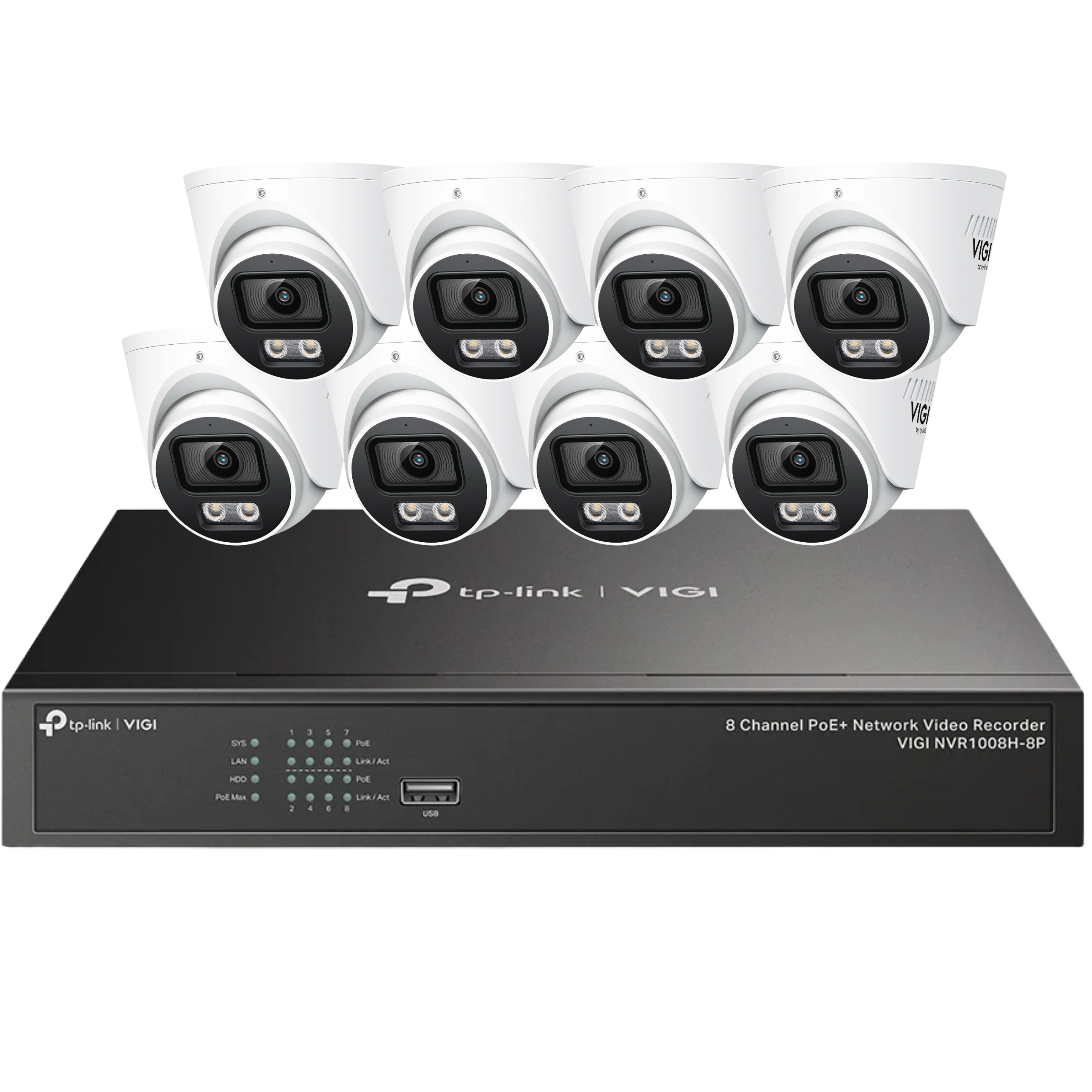 TP-Link VIGI InSight S445S 4MP ColourPro turret camera with 2.8mm lens and VIGI PoE network video recorder for surveillance.
