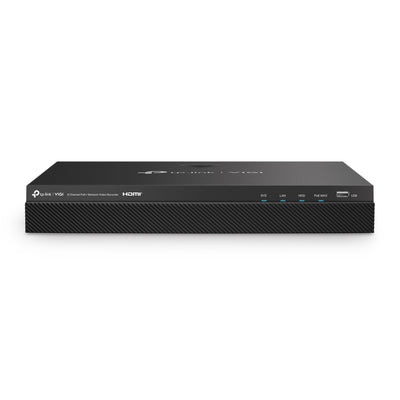 TP-Link VIGI NVR2008H-8MP 8-channel PoE+ network video recorder with multiple ports and sleek black design.