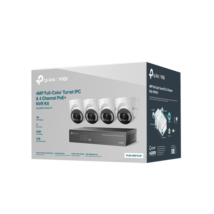 TP-Link VIGI NK4P-T4425-2T 4MP full-color turret IP camera and 4-channel PoE+ NVR CCTV kit with IR, AI, IP67, 2TB HDD