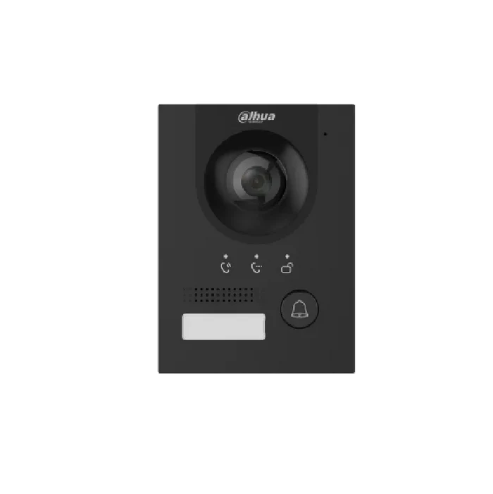 Dahua black IP video intercom kit with 7-inch touchscreen monitor, 2MP door station, and Wi-Tek 4-port PoE switch.