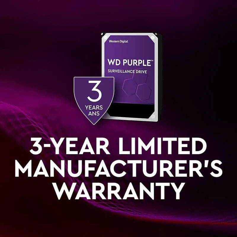 Western Digital Purple 10TB surveillance hard drive with 3.5-inch SATA, AI-optimized, supports 64 cameras, 550TB/year workload
