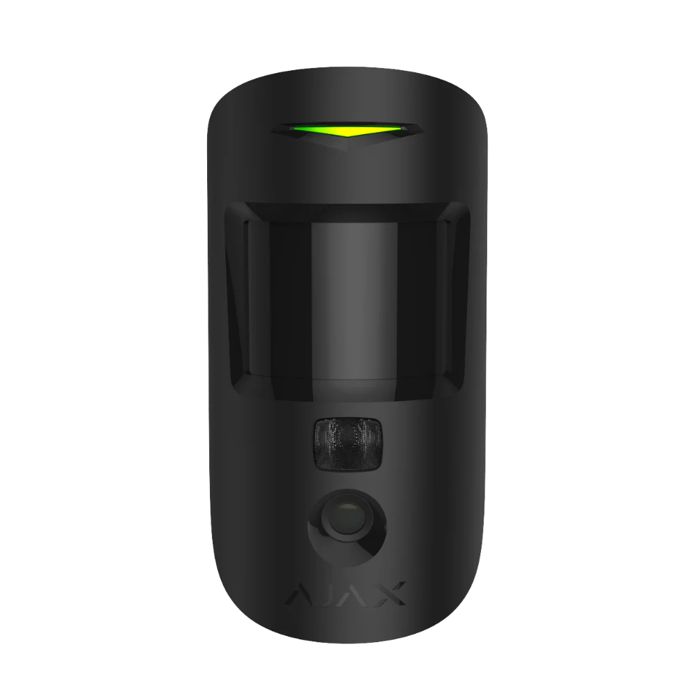 AJAX MotionCam (PHOD) wireless PIR motion detector in white and black, mounted on a wall for home security.