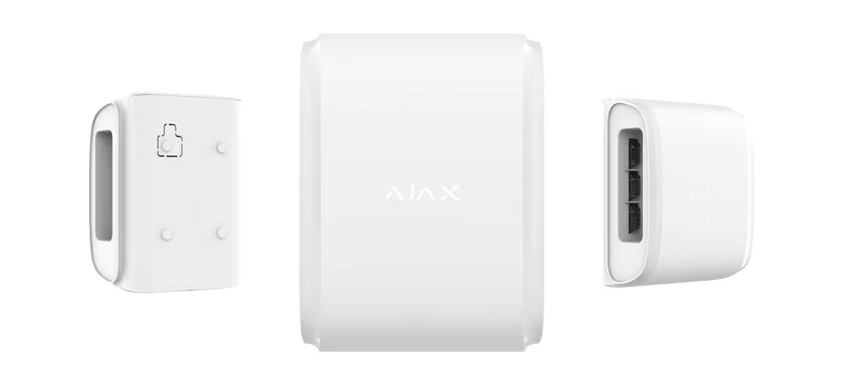 AJAX SmartBracket mounting panel for dual-curtain outdoor detector in white, used for secure outdoor alarm system installation.