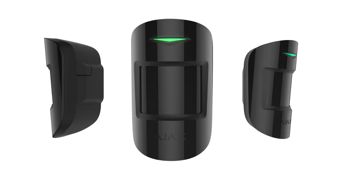 Ajax MotionProtect Jeweller wireless PIR motion detector in white and black for indoor security, featuring compact design and sensor lens.