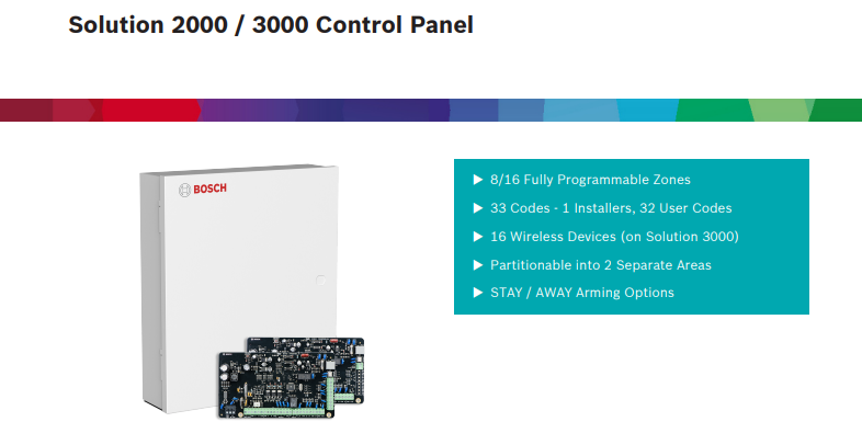 BOSCH Solution 2000 Intrusion Alarm Control Panel PCB – 8 Zones, 4 On-Board Outputs (Expandable to 12), 2 Areas, 54 Users, Up to 4 Keypads – ICP-SOL2-P