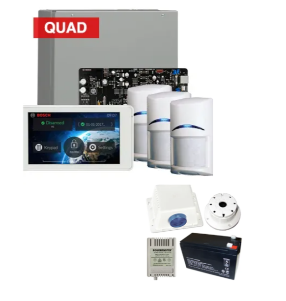 Bosch Solution 4000 Alarm Kit with ICP-SOL4-P Panel, IUI-SOL-TS5 5" Touchscreen Keypad, 3x ISC-BPQ2-W12 Quad Detectors & Siren Kit – K4000-3QUAD-TS5