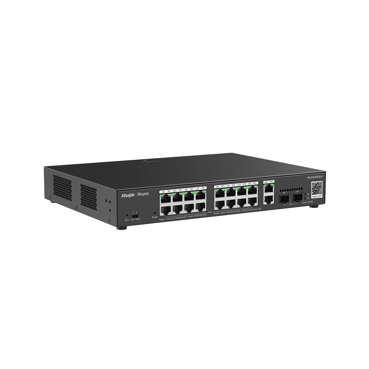 RG-ES220GS-P 20-Port Gigabit Smart Cloud Managed PoE Switch – 16 PoE+ Ports, 2 RJ45 Uplinks, 2 SFP Ports, Fan-Controlled
