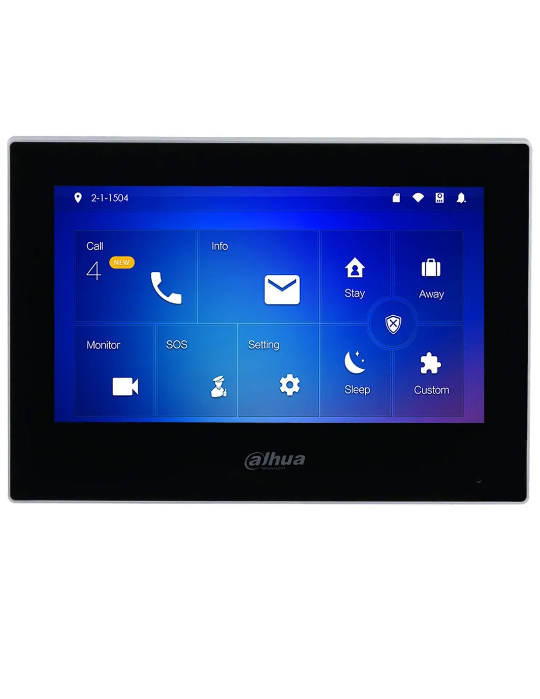 Dahua 7-inch black IP video intercom monitor with touchscreen, door station, and PoE switch for home security and communication.