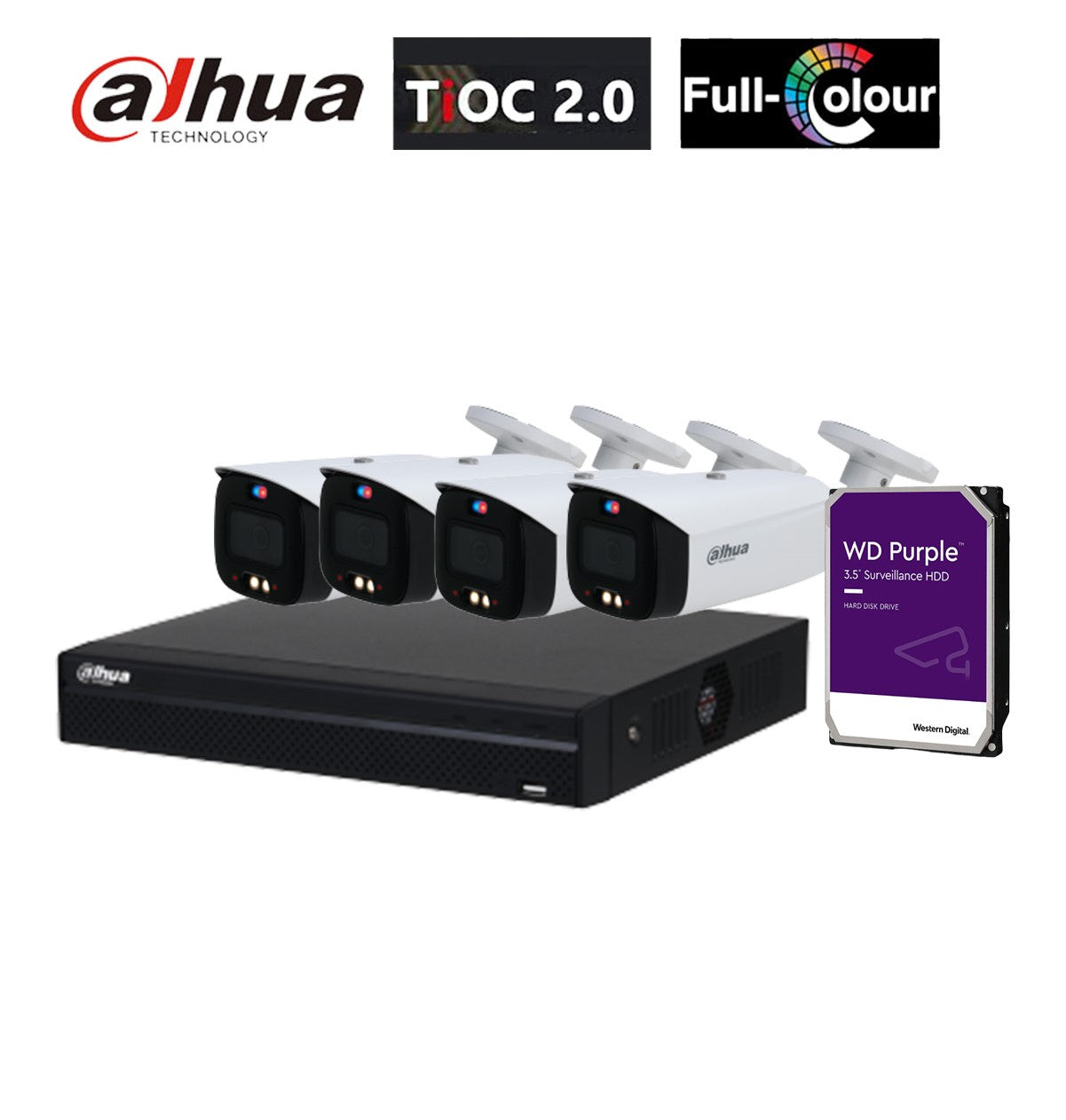 大华 4x 6MP CCTV 子弹头摄像机（白色）AI TiOC 安全系统，4 路 WizSense NVR。 DH-IPC-HFW3649T1-AS-PV-ANZ