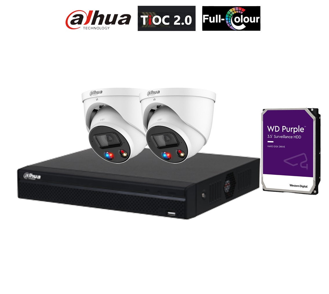 Dahua AI TiOC 2x 6MP CCTV 摄像机（白色）DH-IPC-HDW3649H-AS-PV-ANZ，4CH WizSense NVR DHI-NVR4104HS-4P 套件