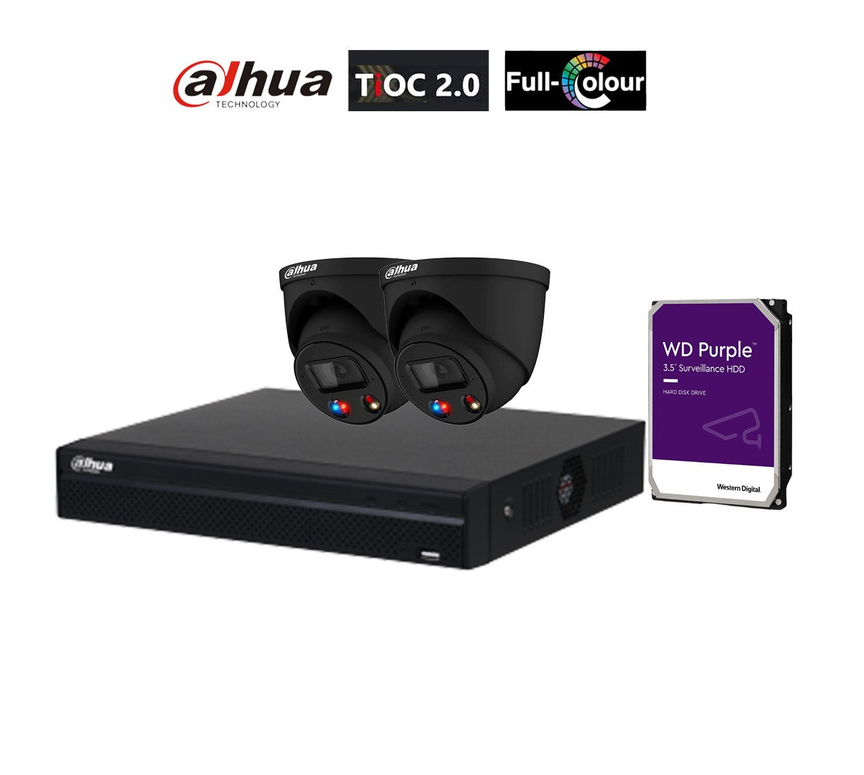दहुआ 8MP AI TiOC 2x बुर्ज सीसीटीवी कैमरा (काला), 4CH WizSense NVR + WD HDD किट (IPC-HDW3849H-AS-PV-ANZ-0280B-S3)