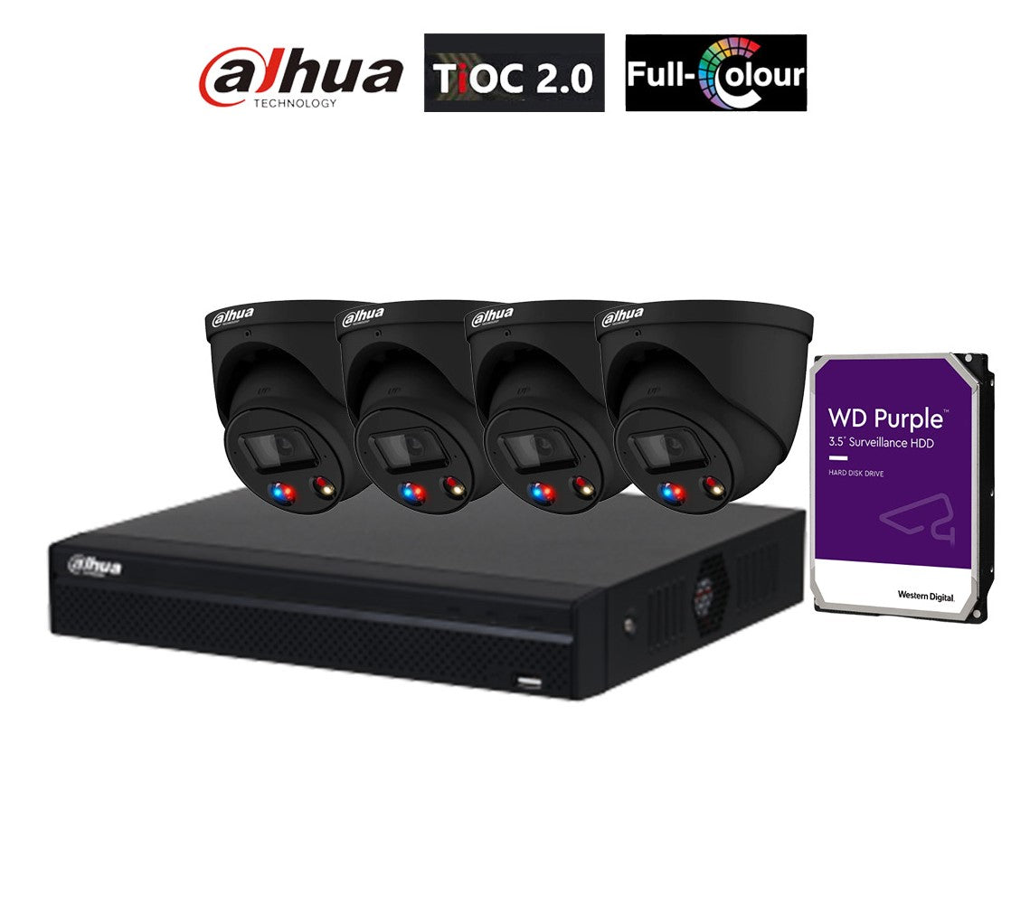 Dahua Active Deterrence TIOC AI 4 Cameras (Black)(IPC-HDW3849H-AS-PV-ANZ-BLK) with 4CH AI WizSense NVR System (8MP Camera)