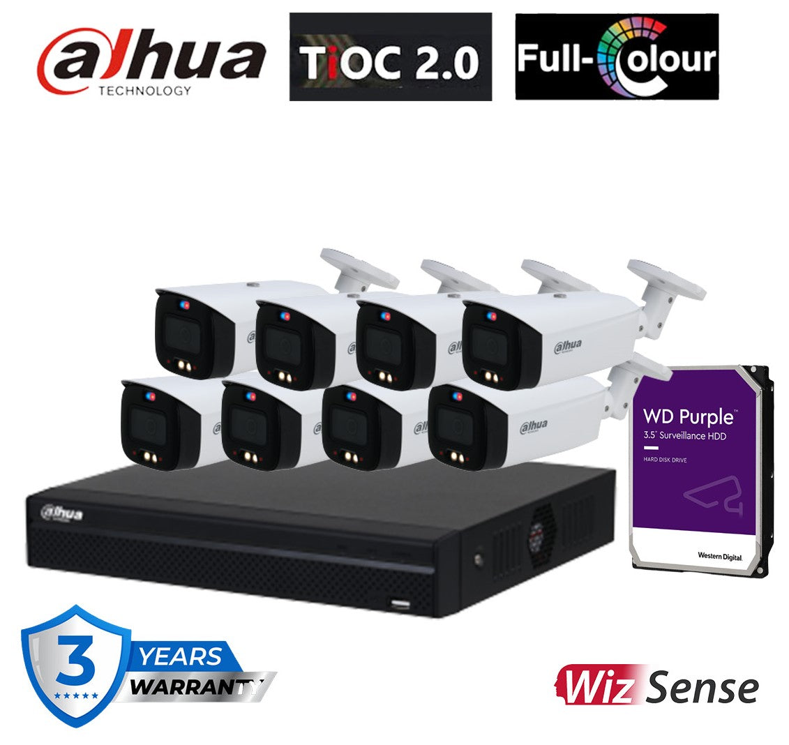 दहुआ TiOC सुरक्षा प्रणाली 8x 6MP बुलेट कैमरा, 8CH WizSense NVR + HDD (DH-IPC-HFW3649T1-AS-PV-ANZ)