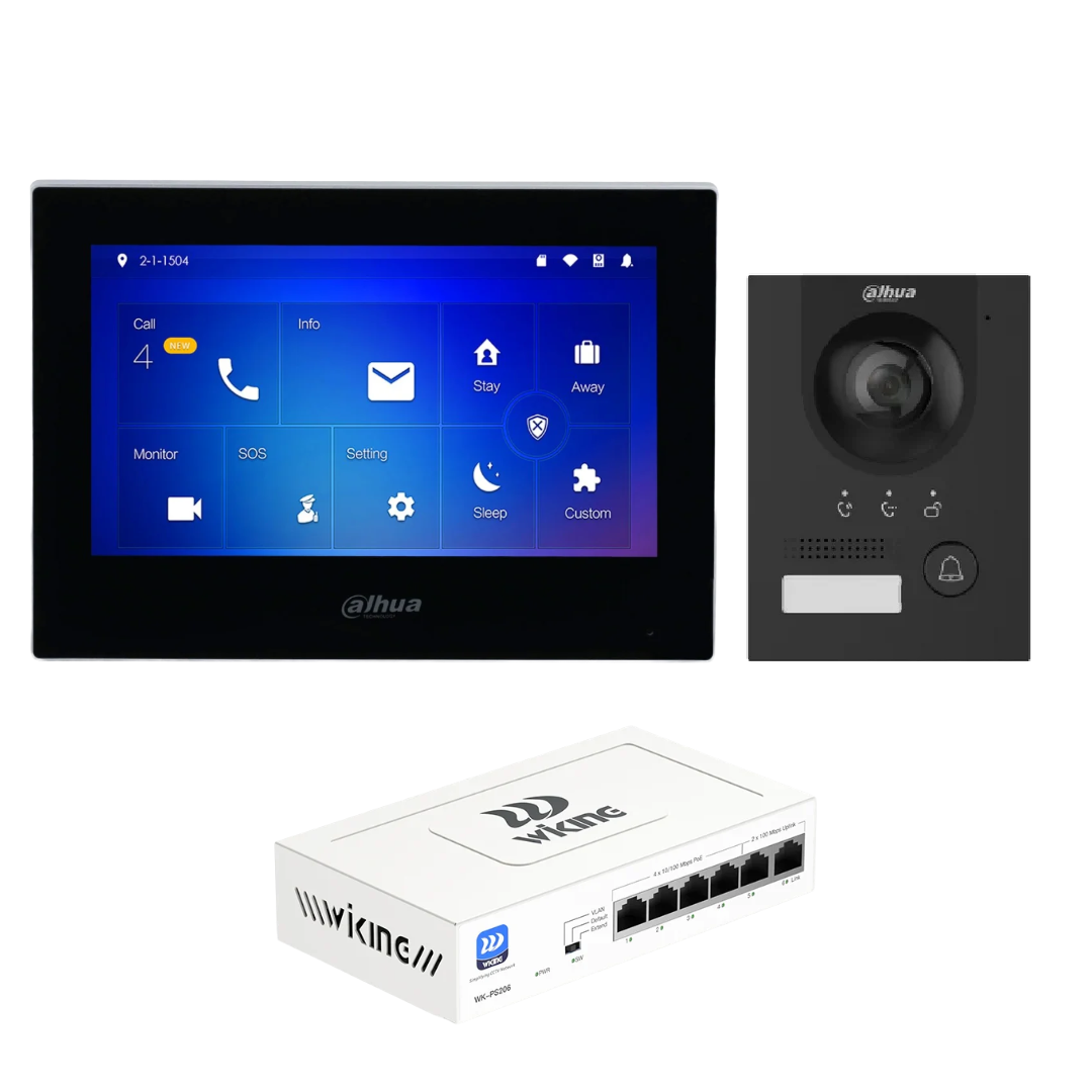Dahua black IP video intercom kit with 7-inch touchscreen monitor, 2MP door station, and Wi-Tek 4-port PoE switch for home security