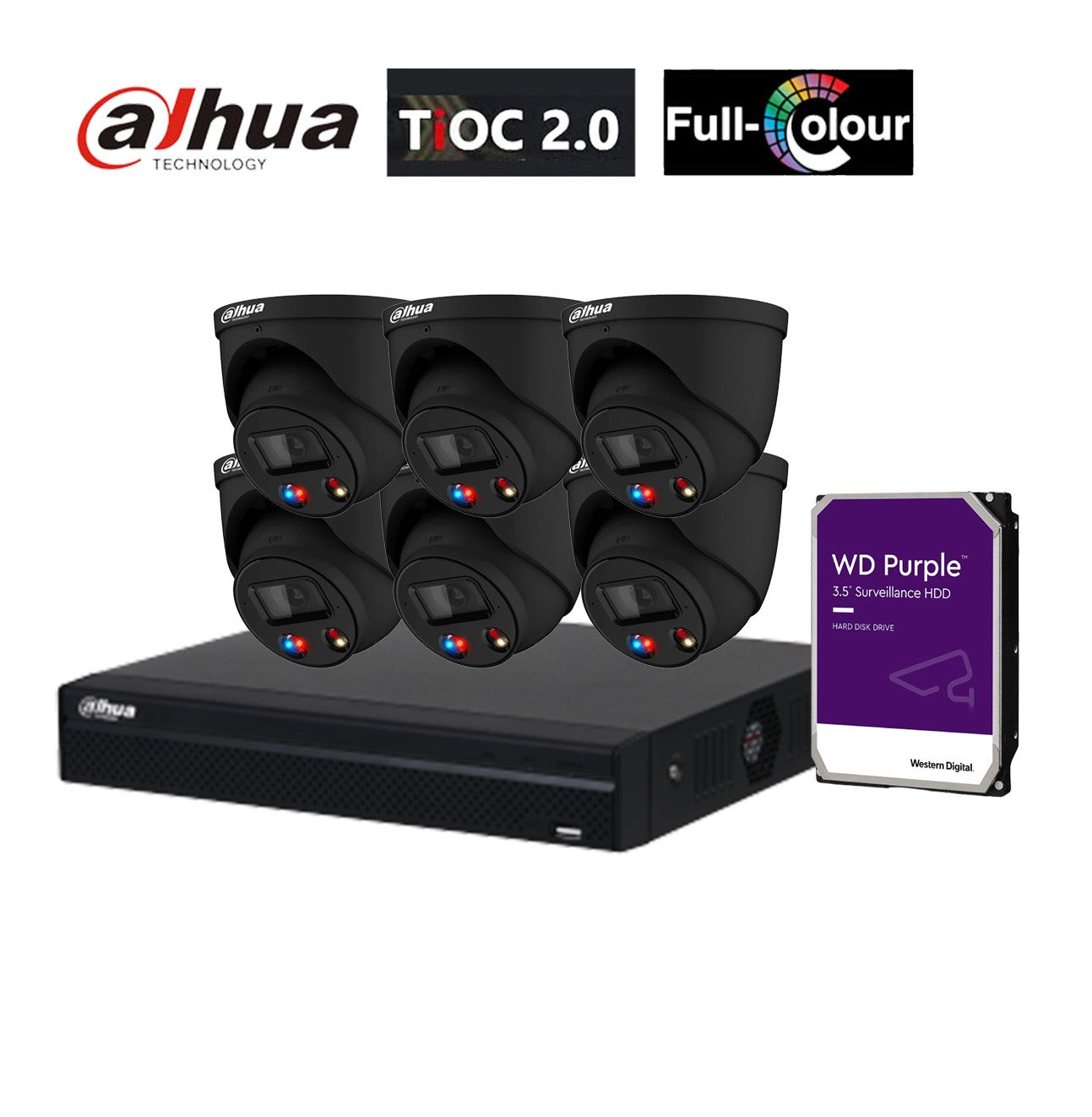 大华 AI TiOC 6x 6MP CCTV 摄像机（黑色）DH-IPC-HDW3649H-AS-PV-ANZ，8CH WizSense NVR 套件