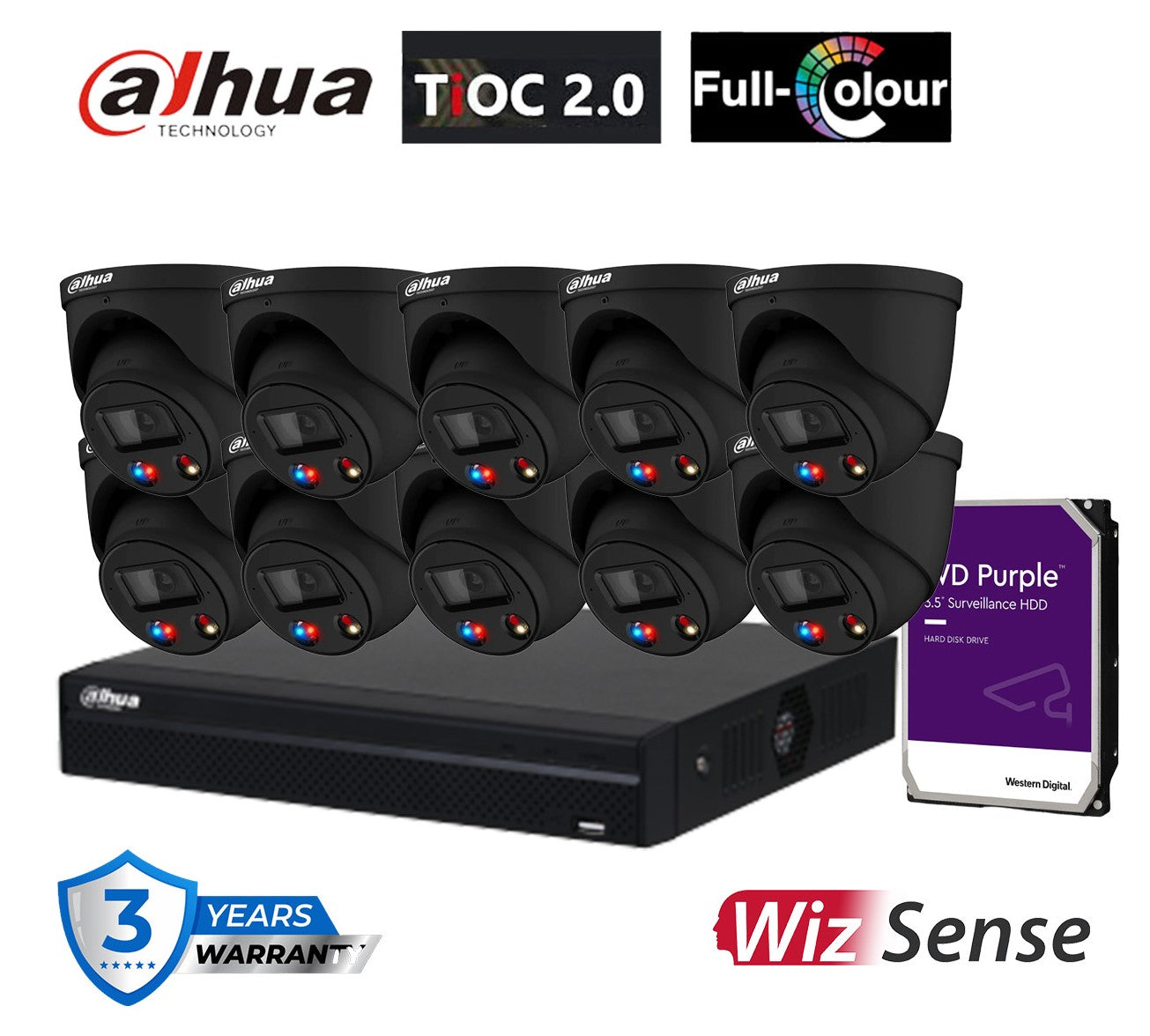 大华 AI TiOC 10x 6MP CCTV 摄像机（黑色）DH-IPC-HDW3649H-AS-PV-ANZ，16CH WizSense NVR 套件