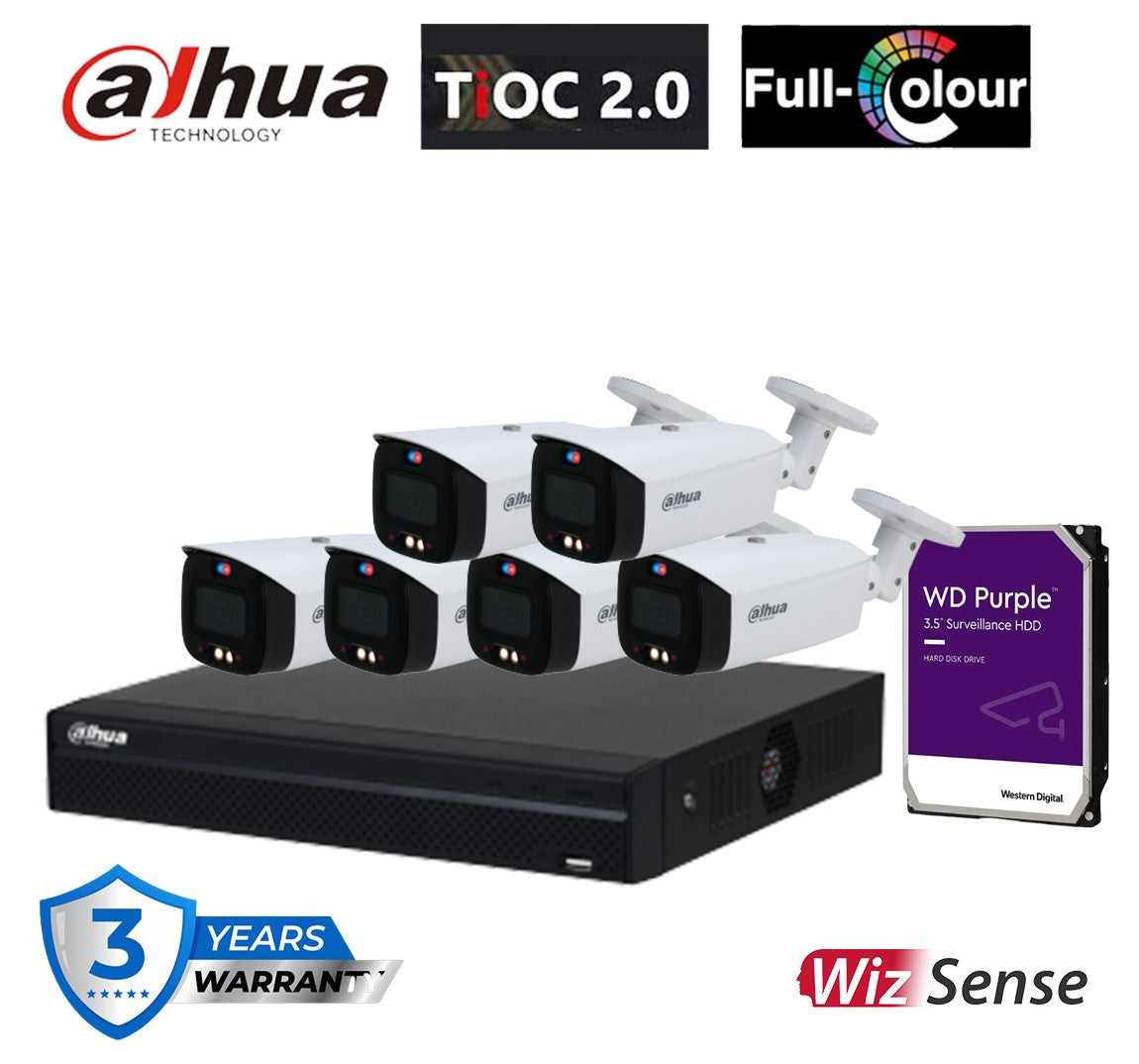 大华 TiOC 安全系统 6x 6MP 子弹头摄像机，8CH WizSense NVR + HDD 套件 (DH-IPC-HFW3649T1-AS-PV-ANZ)