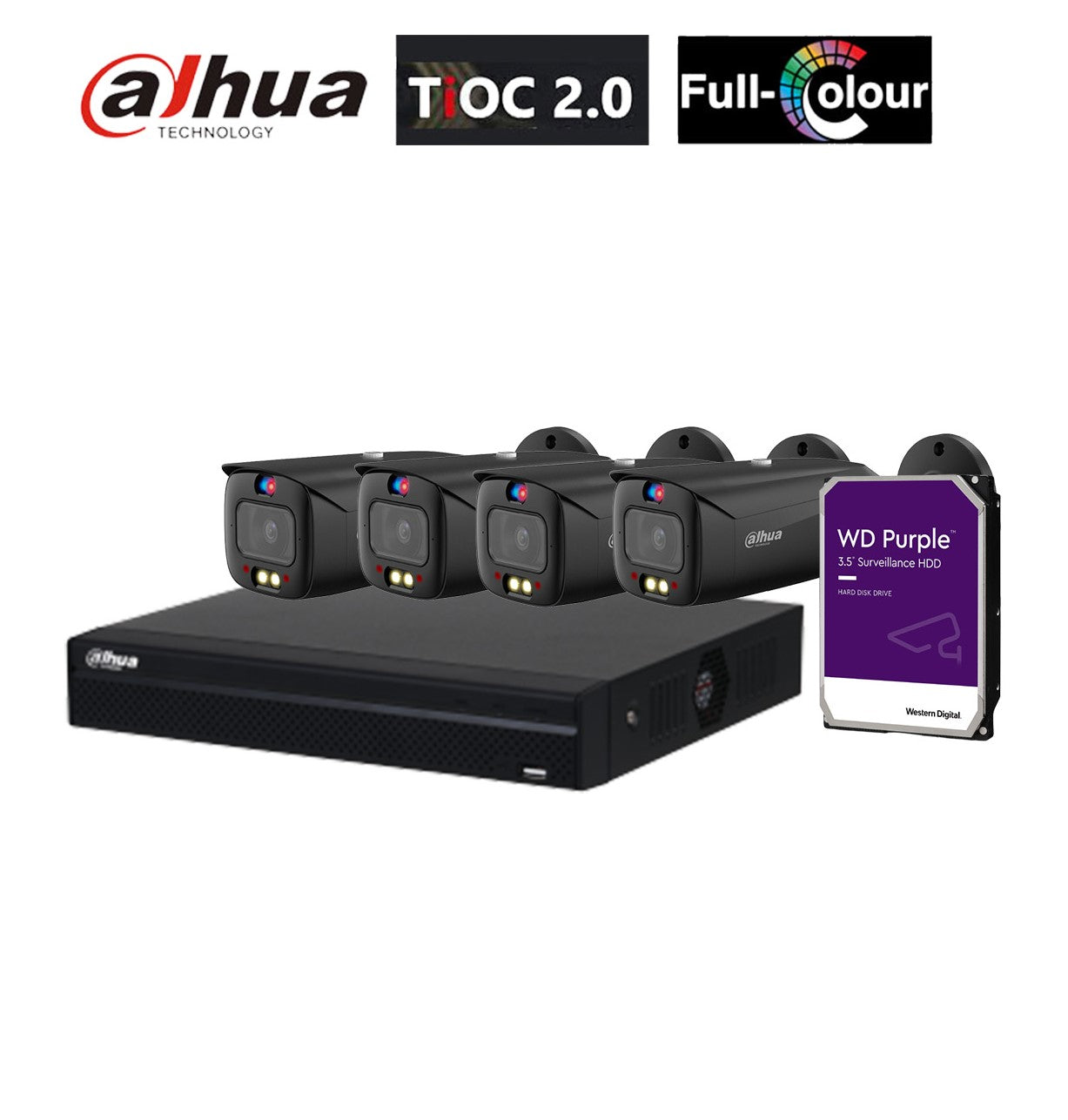 大华 4x 6MP CCTV 子弹头摄像机（黑色）AI TiOC 安全系统，4 通道 WizSense NVR DH-IPC-HFW3649T1-AS-PV-ANZ