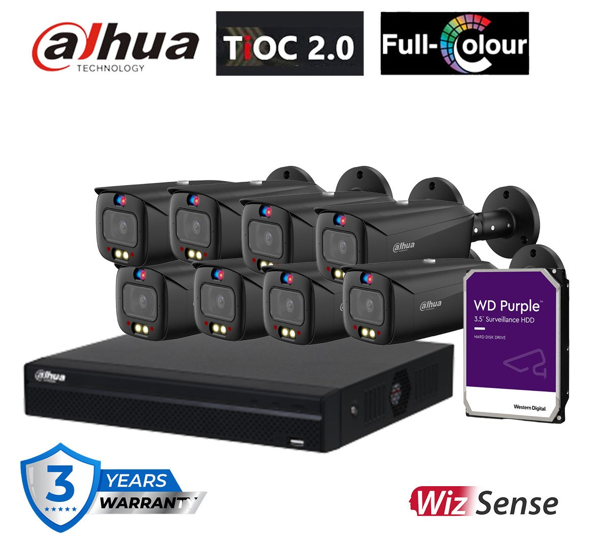 दहुआ TiOC सुरक्षा प्रणाली 8x 6MP बुलेट कैमरा (काला), 8CH WizSense NVR + HDD (DH-IPC-HFW3649T1-AS-PV-ANZ-BLK)